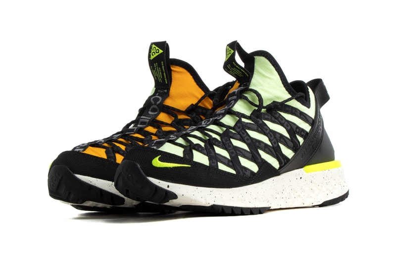 nike acg react terra gobe barely volt university gold noble red habanero court purple colorway colorblocked mismatched sneakers release