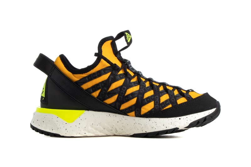 nike acg react terra gobe barely volt university gold noble red habanero court purple colorway colorblocked mismatched sneakers release