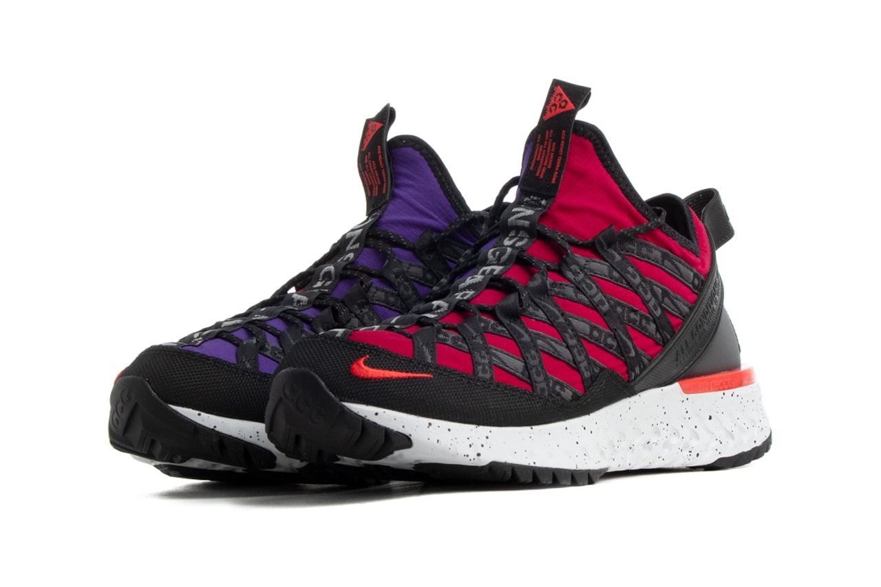 nike acg react terra gobe barely volt university gold noble red habanero court purple colorway colorblocked mismatched sneakers release