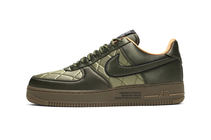 Nike Air Force 1 '07 Premium Quilted Satin Army Jacket "Cargo Khaki / Thermal Green / Bombay / Cargo Khaki" "Designed and Tested in Beaverton, OR USA" Reflective Swoosh Logo 3M Heavy Duty Nylon "Wheat / Club Gold / Bombay"