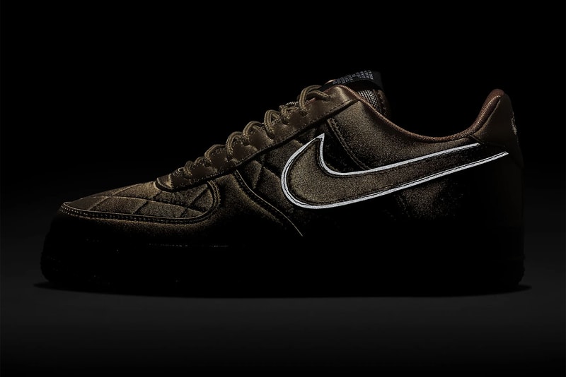 Nike Air Force 1 '07 Premium Quilted Satin Army Jacket "Cargo Khaki / Thermal Green / Bombay / Cargo Khaki" "Designed and Tested in Beaverton, OR USA" Reflective Swoosh Logo 3M Heavy Duty Nylon "Wheat / Club Gold / Bombay"
