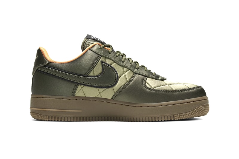 Nike Air Force 1 '07 Premium Quilted Satin Army Jacket "Cargo Khaki / Thermal Green / Bombay / Cargo Khaki" "Designed and Tested in Beaverton, OR USA" Reflective Swoosh Logo 3M Heavy Duty Nylon "Wheat / Club Gold / Bombay"