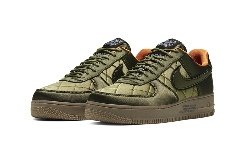 Nike Air Force 1 '07 Premium Quilted Satin Army Jacket "Cargo Khaki / Thermal Green / Bombay / Cargo Khaki" "Designed and Tested in Beaverton, OR USA" Reflective Swoosh Logo 3M Heavy Duty Nylon "Wheat / Club Gold / Bombay"