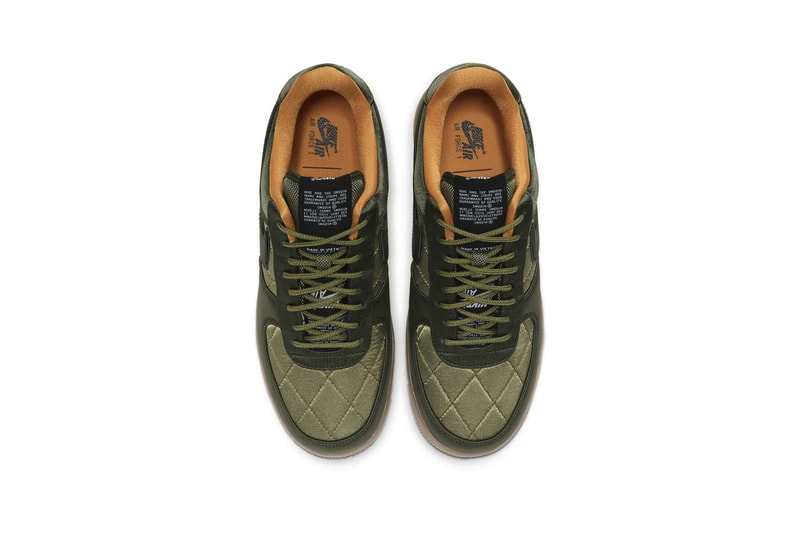 Nike Air Force 1 '07 Premium Quilted Satin Army Jacket "Cargo Khaki / Thermal Green / Bombay / Cargo Khaki" "Designed and Tested in Beaverton, OR USA" Reflective Swoosh Logo 3M Heavy Duty Nylon "Wheat / Club Gold / Bombay"