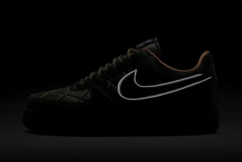 Nike Air Force 1 '07 Premium Quilted Satin Army Jacket "Cargo Khaki / Thermal Green / Bombay / Cargo Khaki" "Designed and Tested in Beaverton, OR USA" Reflective Swoosh Logo 3M Heavy Duty Nylon "Wheat / Club Gold / Bombay"
