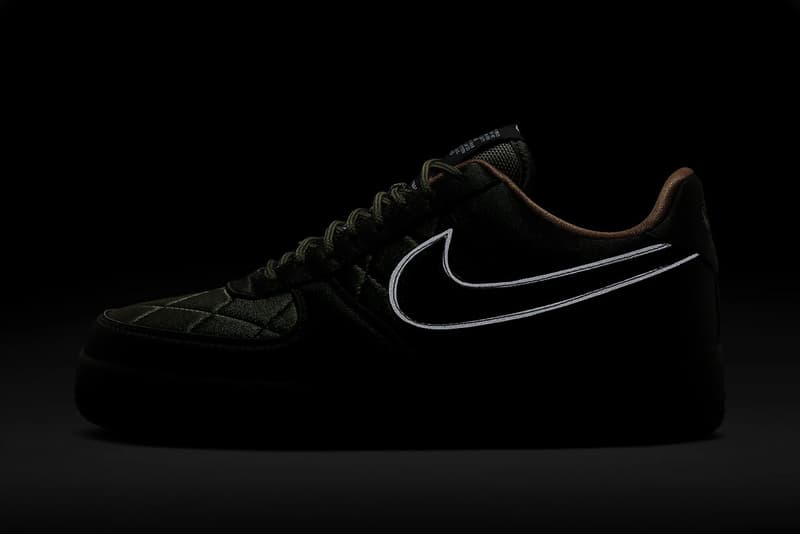 Nike Air Force 1 '07 Premium Quilted Satin Army Jacket "Cargo Khaki / Thermal Green / Bombay / Cargo Khaki" "Designed and Tested in Beaverton, OR USA" Reflective Swoosh Logo 3M Heavy Duty Nylon "Wheat / Club Gold / Bombay"