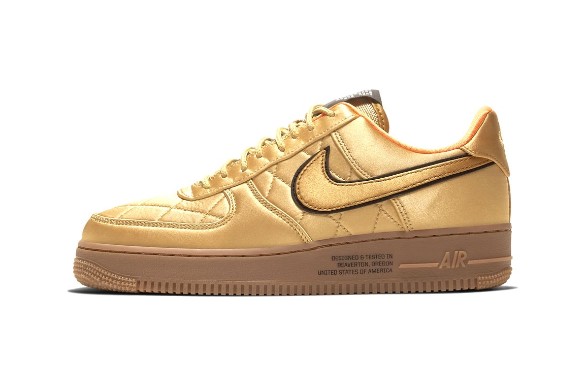Nike Air Force 1 '07 Premium Quilted Satin Army Jacket "Cargo Khaki / Thermal Green / Bombay / Cargo Khaki" "Designed and Tested in Beaverton, OR USA" Reflective Swoosh Logo 3M Heavy Duty Nylon "Wheat / Club Gold / Bombay"