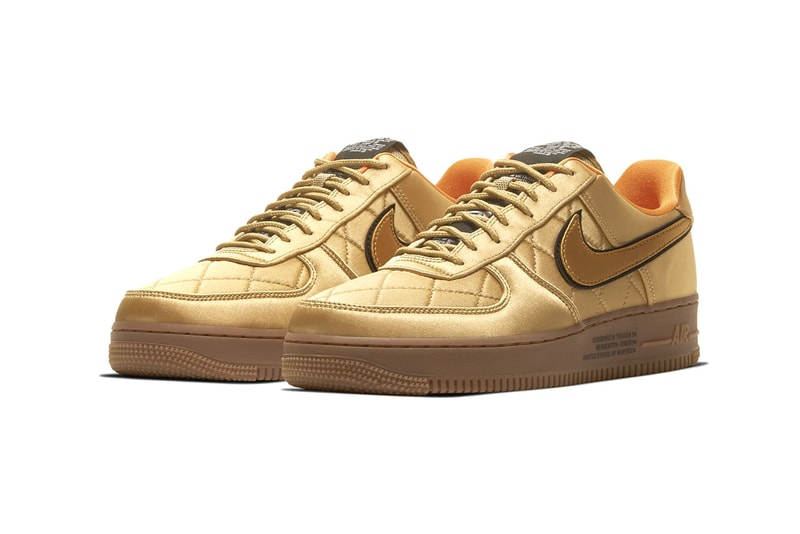 Nike Air Force 1 '07 Premium Quilted Satin Army Jacket "Cargo Khaki / Thermal Green / Bombay / Cargo Khaki" "Designed and Tested in Beaverton, OR USA" Reflective Swoosh Logo 3M Heavy Duty Nylon "Wheat / Club Gold / Bombay"