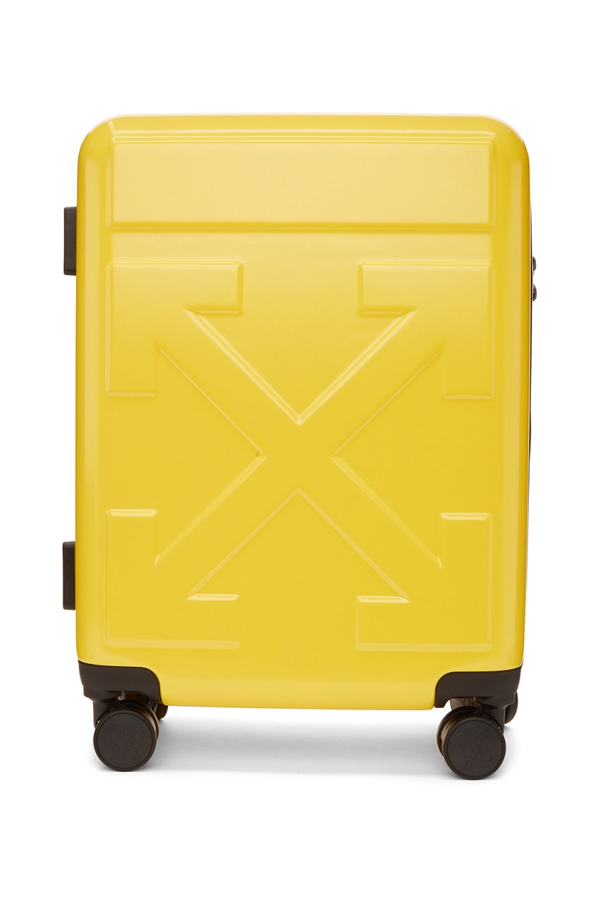 Off-White™ Arrows "FOR TRAVEL" Suitcases Release Information First Look Travel Virgil Abloh Streetwear Black Yellow White SSENSE How to Cop Luggage 