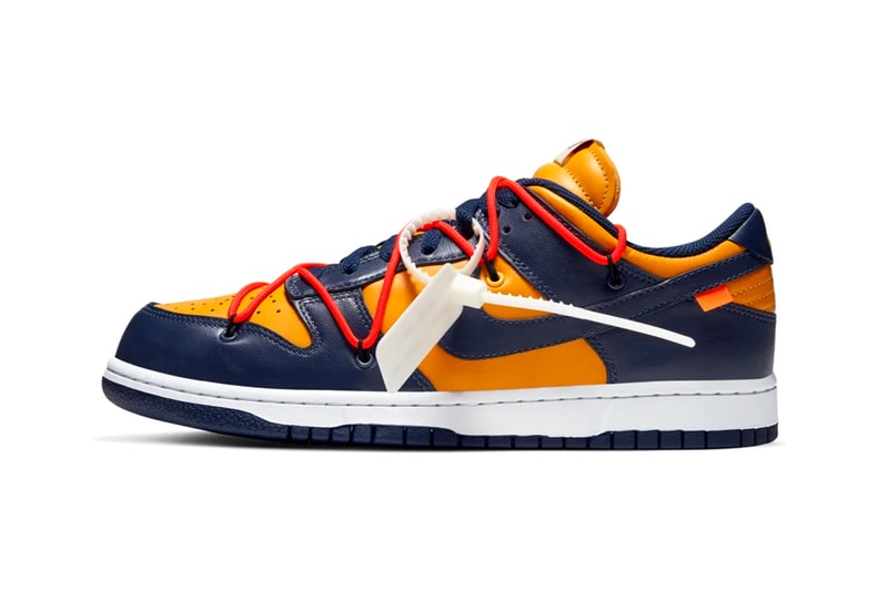 Off-White  Nike Dunk Low Official Look University Gold Pine Green University Red Grey Midnight Navy White Release Info Date Buy Virgil Abloh