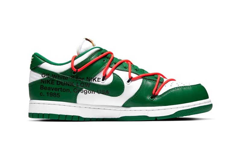 Off-White  Nike Dunk Low Official Look University Gold Pine Green University Red Grey Midnight Navy White Release Info Date Buy Virgil Abloh