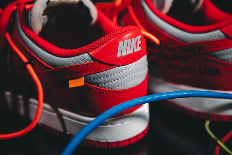 Off-White™ Nike Dunk Low virgil abloh university red gold pine green release information buy cop purchase details sneaker footwear sb