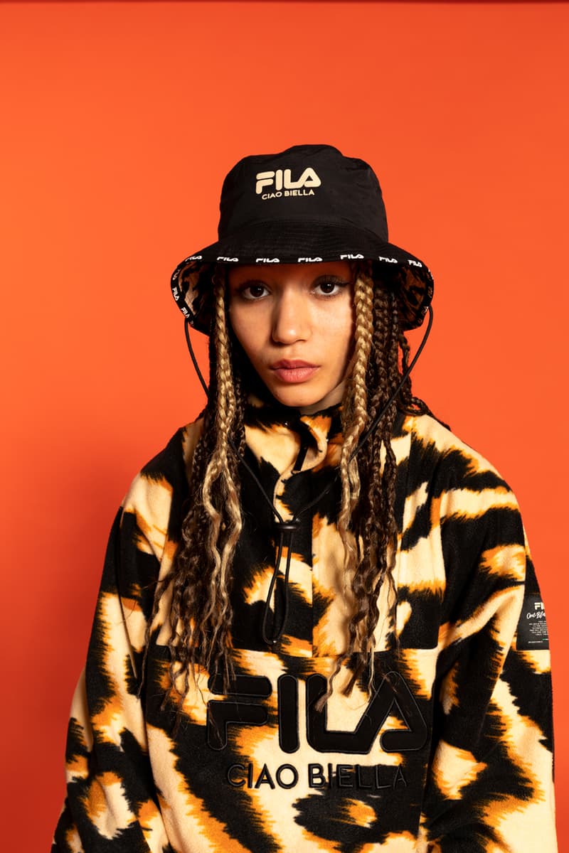 one block down fila ciao Bella biella collection capsule black vaporwave cheetah dstr97 bucket hat sweatshirt jacket animal print release date info photos price