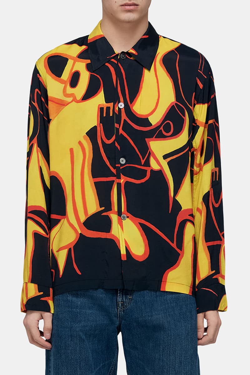 Our Legacy Shuffle Time Box Shirt Pre Spring 2020 SS20 New Years Eve Look 2019 Big Bold Pattern Portuguese Rayon Fabric Wide Placket Mother of Pearl Buttons menswear
