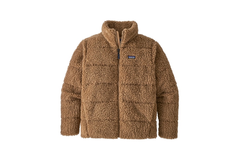 patagonia mens recycled high pile sherpa fleece down jacket cold weather protection reclaimed duck goose polyester ripstop lining treated with DWR durable water repellent