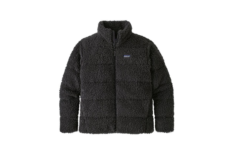 patagonia mens recycled high pile sherpa fleece down jacket cold weather protection reclaimed duck goose polyester ripstop lining treated with DWR durable water repellent