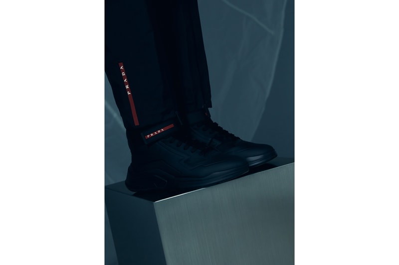 Prada Linea Rossa FW19 Collection Lookbook jersey sustainable style technicality red milan italy forward thinking fashion polarius sneaker 