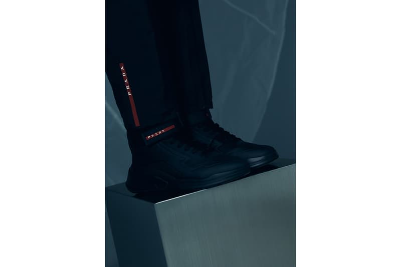 Prada Linea Rossa FW19 Collection Lookbook jersey sustainable style technicality red milan italy forward thinking fashion polarius sneaker
