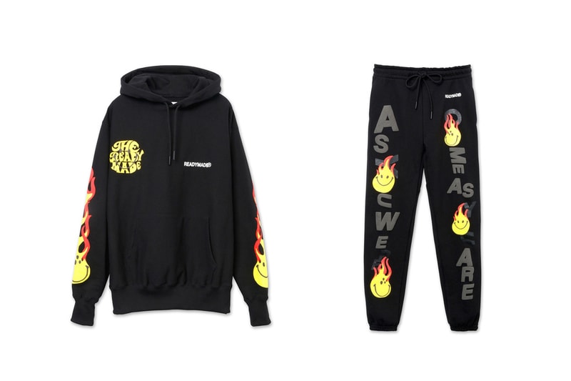 READYMADE Flaming Smiley Sweatsuit Release  Marcel Duchamp Nirvana hoodies fashion logos color socks 