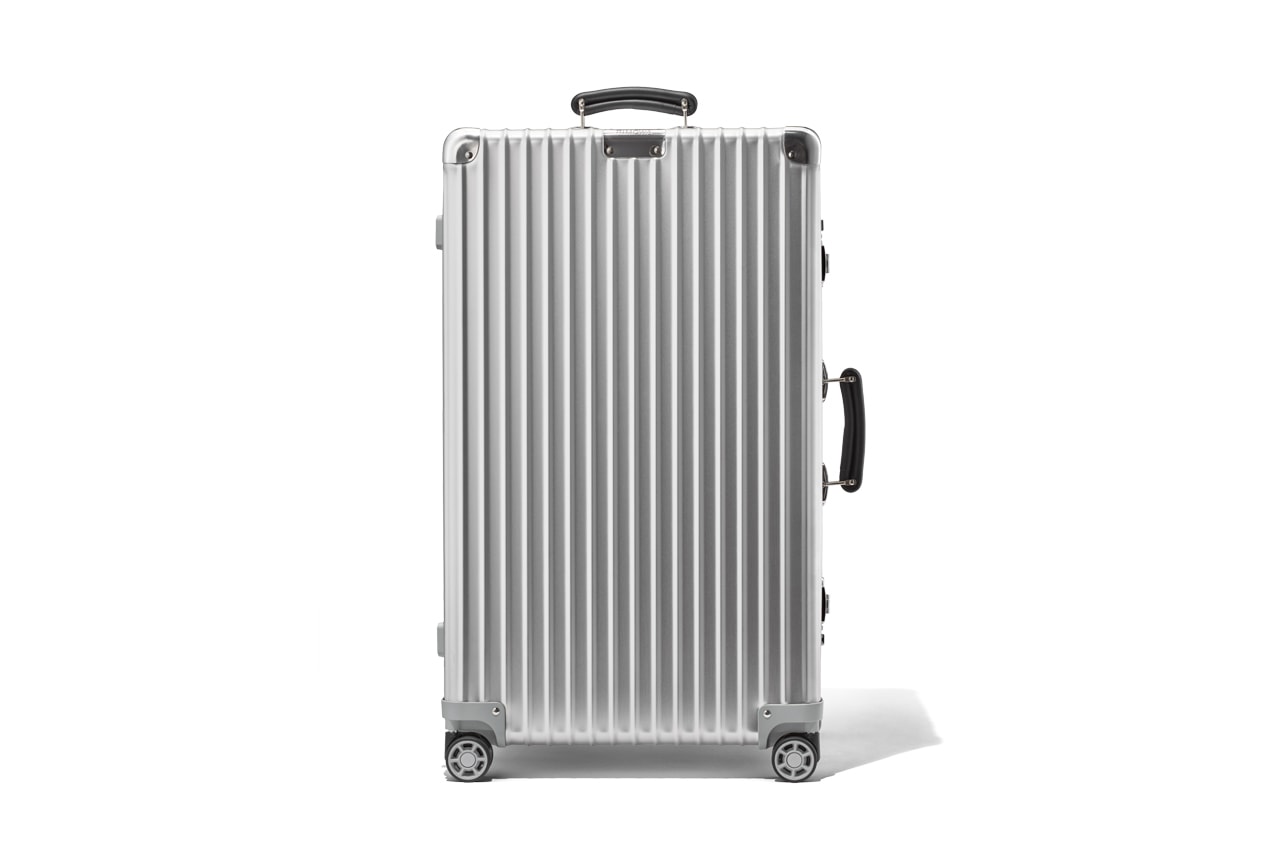 RIMOWA Classic Trunk Silver Aluminum anodized alloy shell hard case suitcase travel made in germany leather handles ball bearing tsa approved locks 100l flex divider 14 days height adjuster