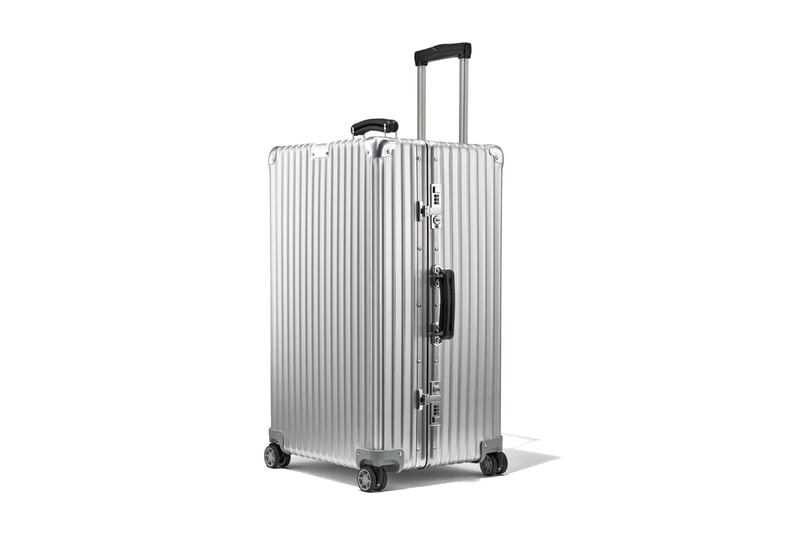 RIMOWA Classic Trunk Silver Aluminum anodized alloy shell hard case suitcase travel made in germany leather handles ball bearing tsa approved locks 100l flex divider 14 days height adjuster