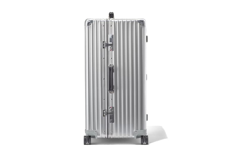 RIMOWA Classic Trunk Silver Aluminum anodized alloy shell hard case suitcase travel made in germany leather handles ball bearing tsa approved locks 100l flex divider 14 days height adjuster