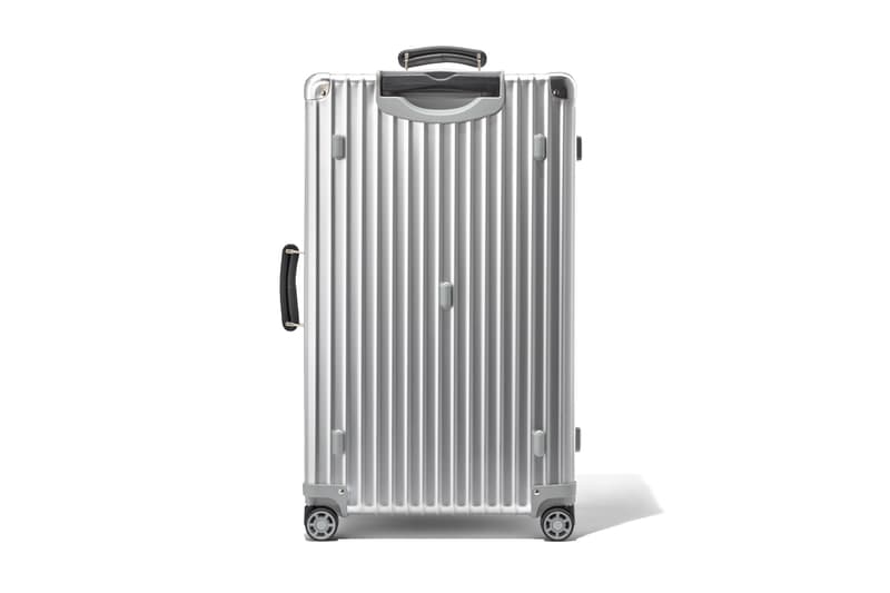 RIMOWA Classic Trunk Silver Aluminum anodized alloy shell hard case suitcase travel made in germany leather handles ball bearing tsa approved locks 100l flex divider 14 days height adjuster