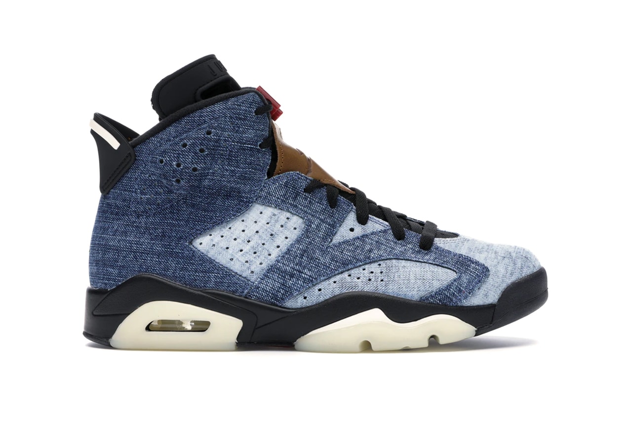 StockX Air Jordan 6 Washed Denim Release washed denim upper and tan leather red lace lock translucent outsole