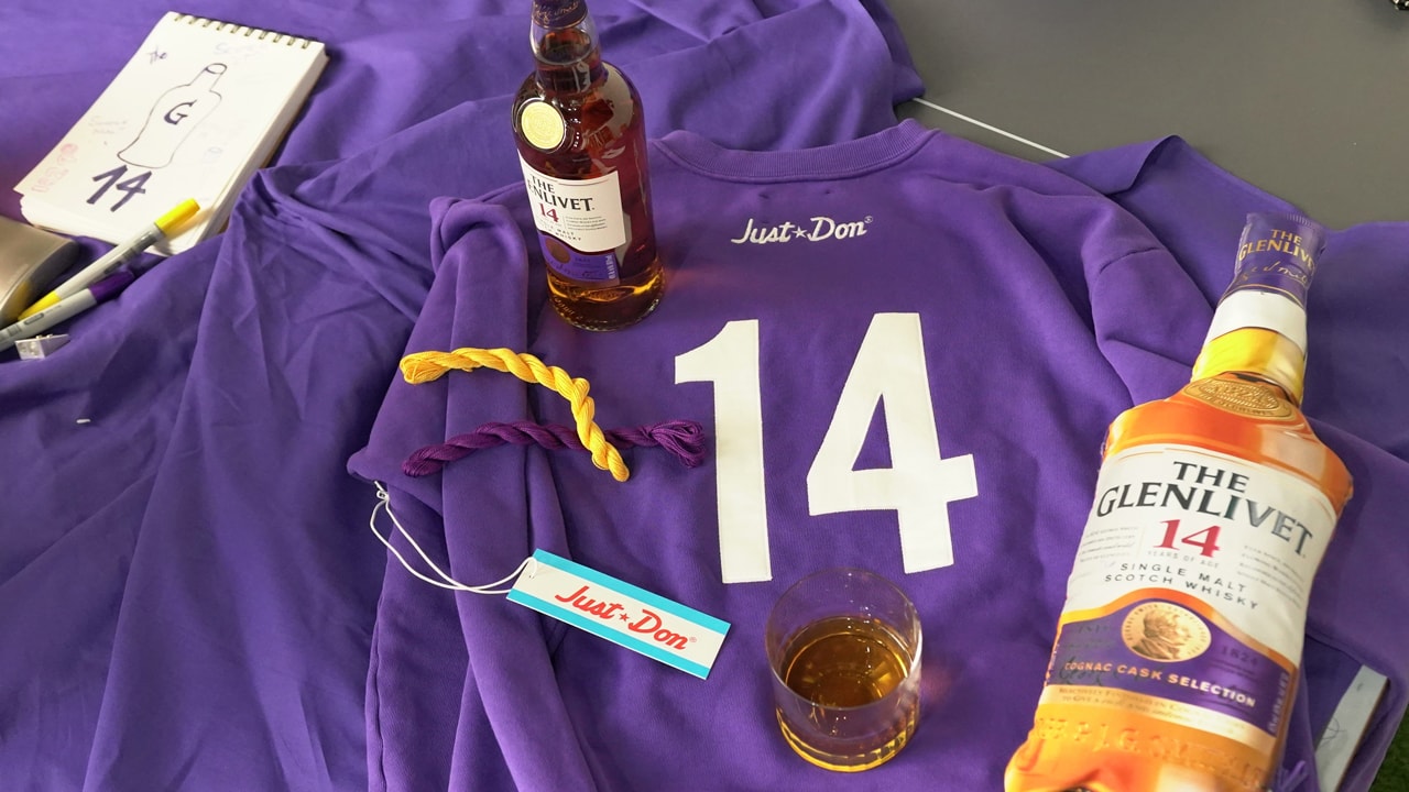 Just Don x The Glenlivet Collaboration Interview whiskey cognac purple hoodie bottle don c