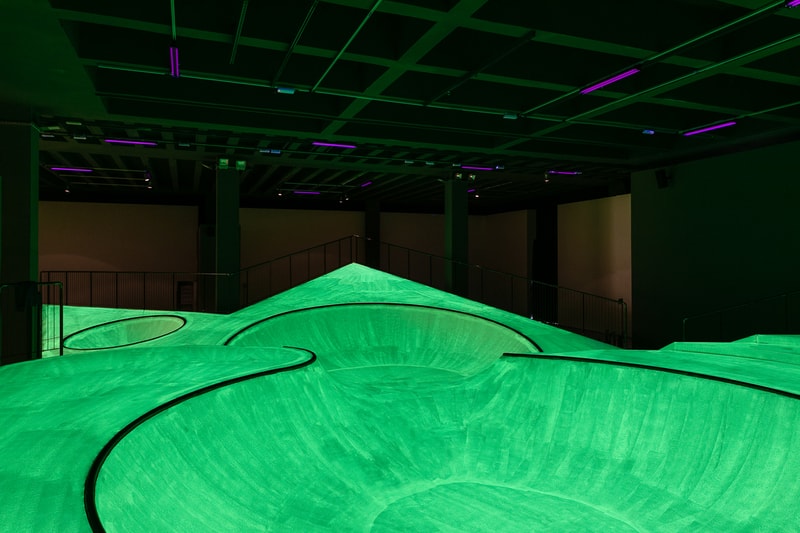 Triennale Milano 'OooOoO' Skatepark Installation "Year of Play" Koo Jeong A Fluorescent Green Glow-in-the-Dark Academy of Skateboarding Parco Sempione was curated by Julia Peyton-Jones Lorenza Baroncelli