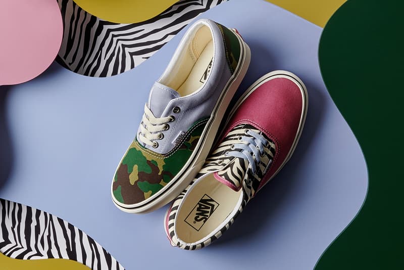 vans mismatch era pack lowtop lace up sneakers classic slip on release blue canvas camouflage camo pink zebra stripe print pattern 