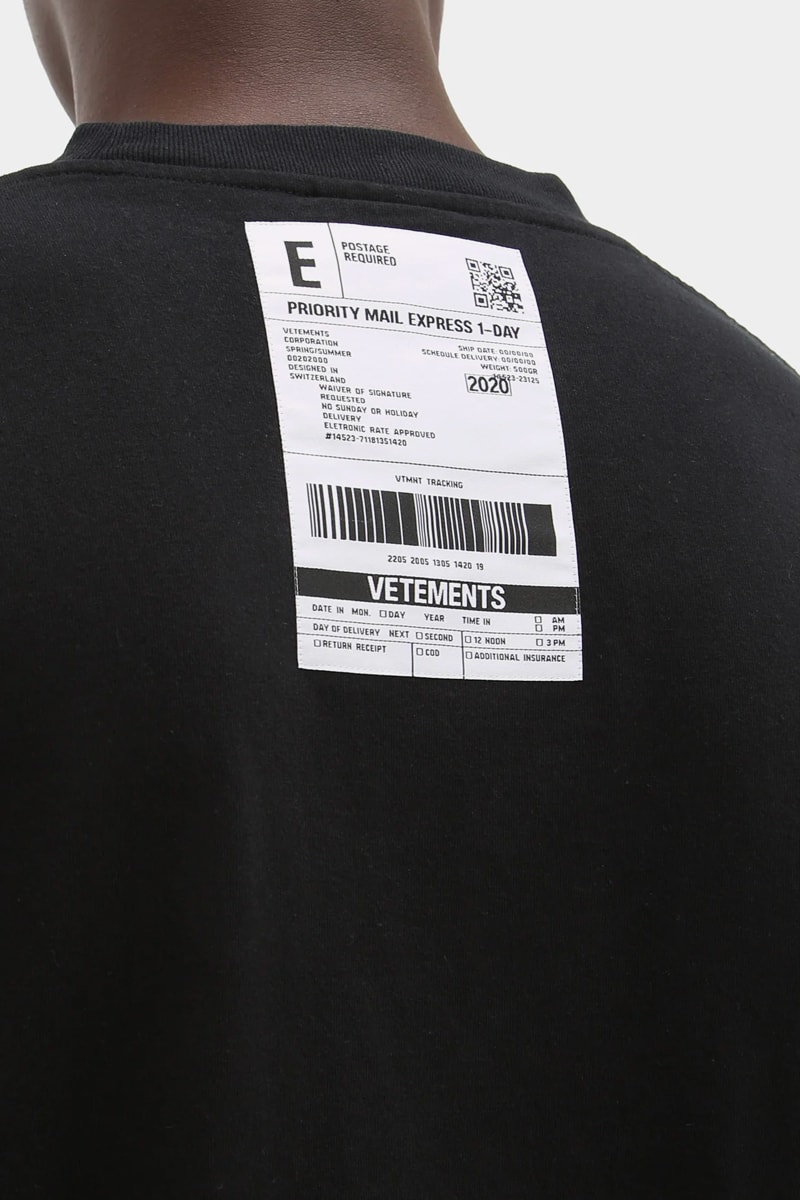 Vetements Logo-patch cotton T shirt Black White vinyl rubber Demna Gvasalia jacquard patch tees monchromatic atelier designer spring summer 2020 anti capitalist bar code priority express