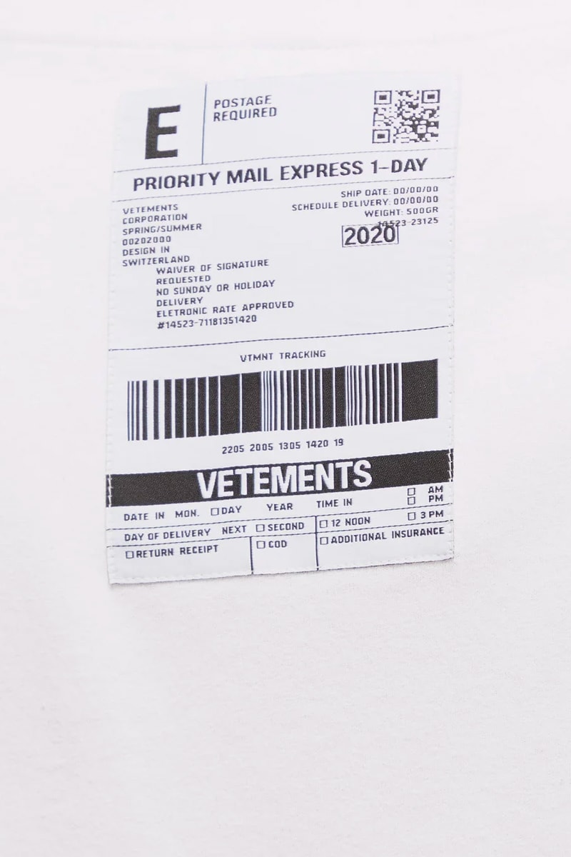 Vetements Logo-patch cotton T shirt Black White vinyl rubber Demna Gvasalia jacquard patch tees monchromatic atelier designer spring summer 2020 anti capitalist bar code priority express
