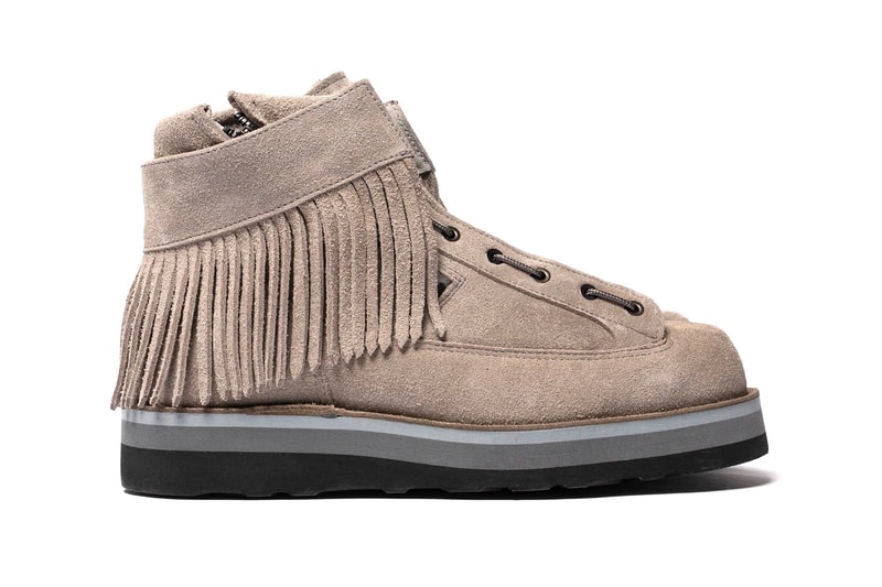 White Mountaineering x Danner Suede Boots Gray moccasin fringe military inspired Dual layer EVA midsole Vibram outsole side entry made in japan footwear boots shoes sneakers