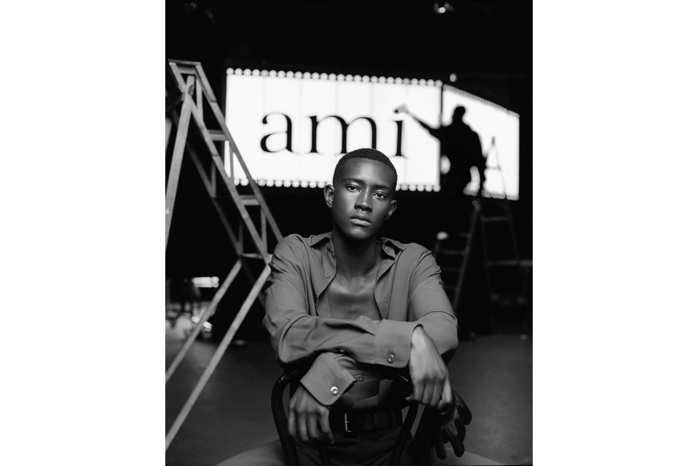 AMI Spring Summer 2020 campaign Lookbook collection paris french ami alexandre mattiussi essentials basics coats jackets leather theater black and white photography spotlight shirts dress pants