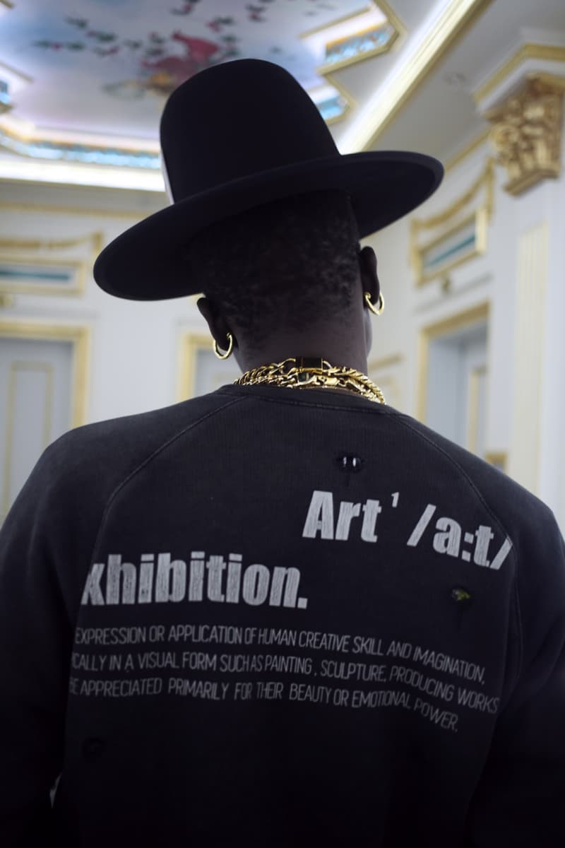 Art Comes First Fall/Winter 2020 Lookbook Collection Paris Fashion Week Coats Pants Jackets Skull Scissors Black Red Yellow Hats Jewelry Rings Chains Gold Silver Crewnecks Knitwear "Exhibition"