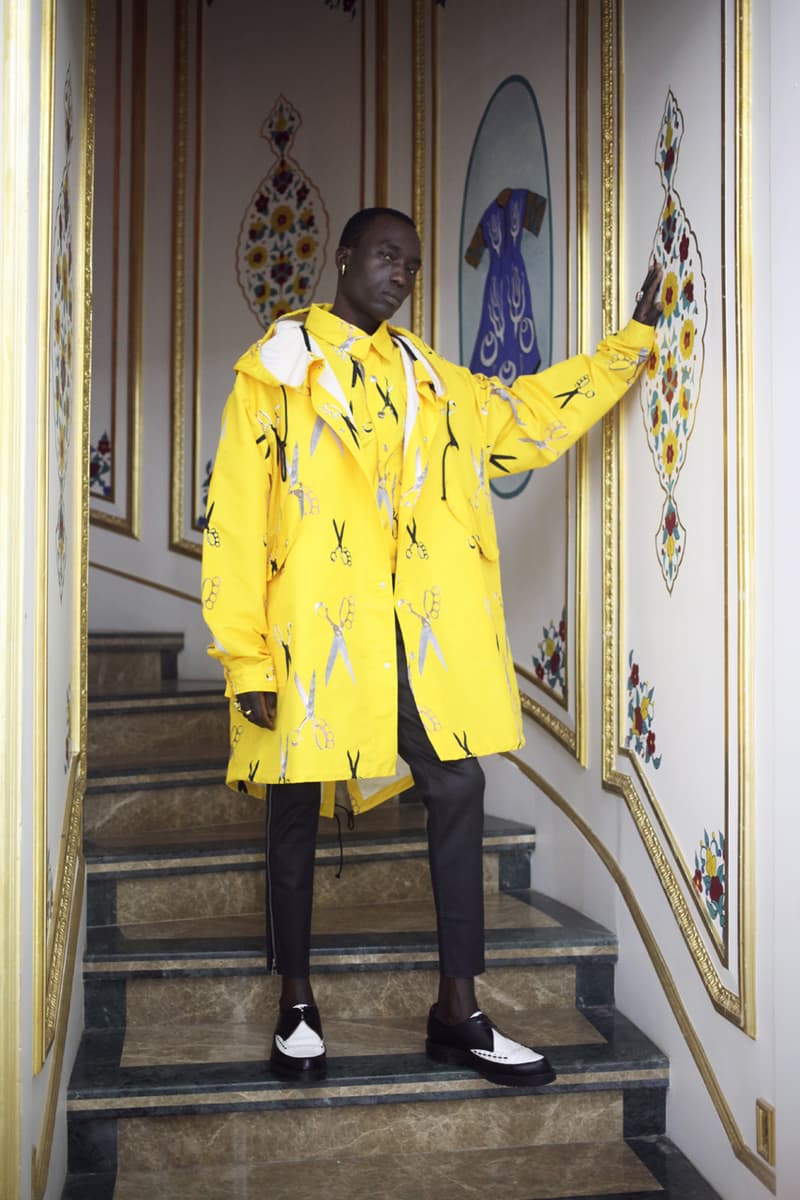 Art Comes First Fall/Winter 2020 Lookbook Collection Paris Fashion Week Coats Pants Jackets Skull Scissors Black Red Yellow Hats Jewelry Rings Chains Gold Silver Crewnecks Knitwear "Exhibition"