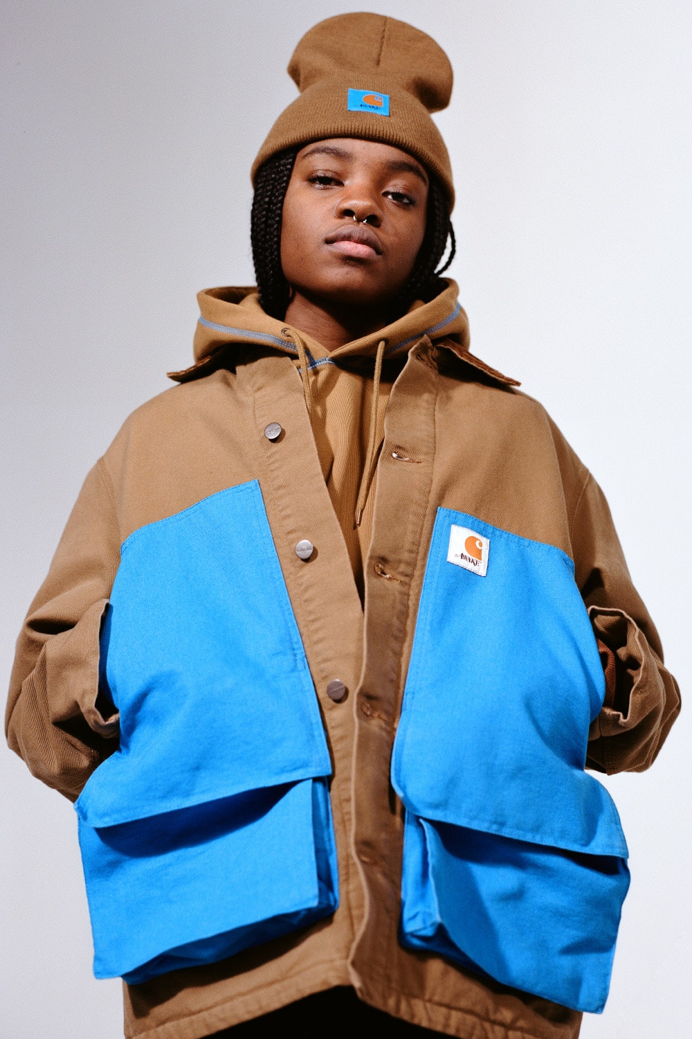 Awake NY x Carhartt WIP Capsule Collection release drop info vintage hunting outerwear outdoors workwear michigan coat american script jersey Watch Hat beanie in Black, Hamilton Brown, and Awake NY Bright Blue