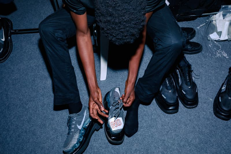 Backstage BOTTER Fall Winter 2020 2021 Paris Fashion rushemy botter lisi herrebrugh antwerp ecological eco friendly textile sustainable deconstructed nike air vapormax runway