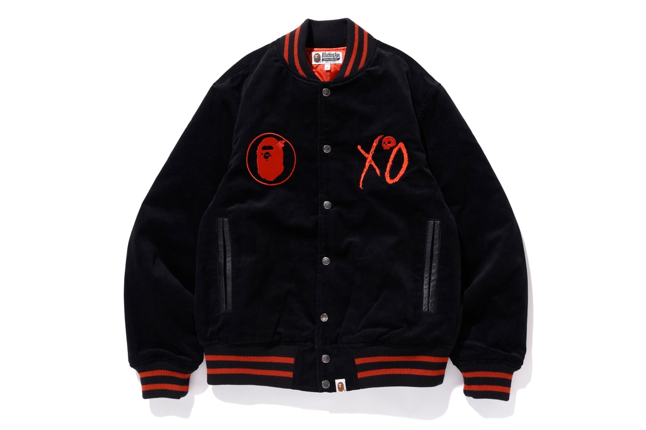 The Weeknd XO BAPE Second Capsule Collection Lookbook Release A Bathing Ape Metro Boomin La Mar Taylor Derek Wise 88Glam Info Date Buy Price Baby Milo T shirt Varsity Jacket Denim Hoodie Sweatpants Shark