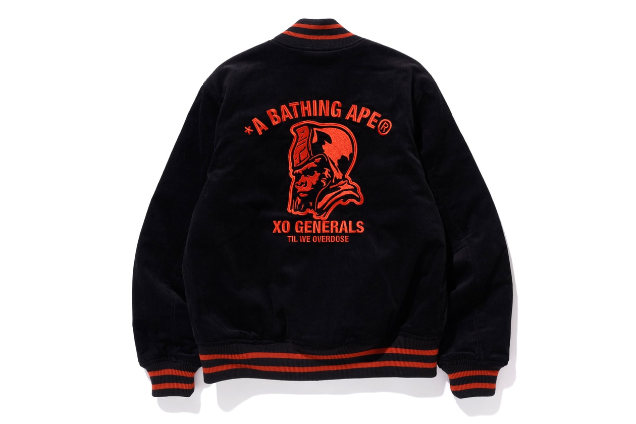 The Weeknd XO BAPE Second Capsule Collection Lookbook Release A Bathing Ape Metro Boomin La Mar Taylor Derek Wise 88Glam Info Date Buy Price Baby Milo T shirt Varsity Jacket Denim Hoodie Sweatpants Shark