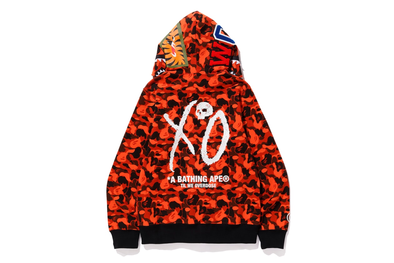 The Weeknd XO BAPE Second Capsule Collection Lookbook Release A Bathing Ape Metro Boomin La Mar Taylor Derek Wise 88Glam Info Date Buy Price Baby Milo T shirt Varsity Jacket Denim Hoodie Sweatpants Shark