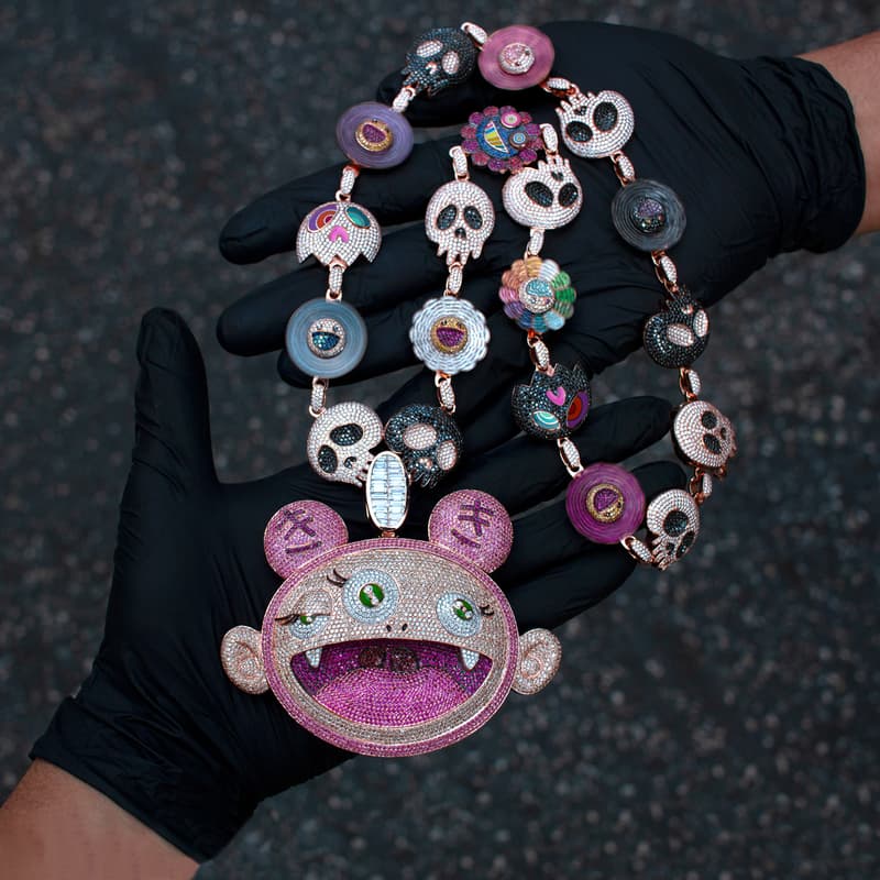 Kid Cudi's Murakami-Inspired Ben Baller Necklace diamond sapphire ruby takashi kiki approved official skull flower