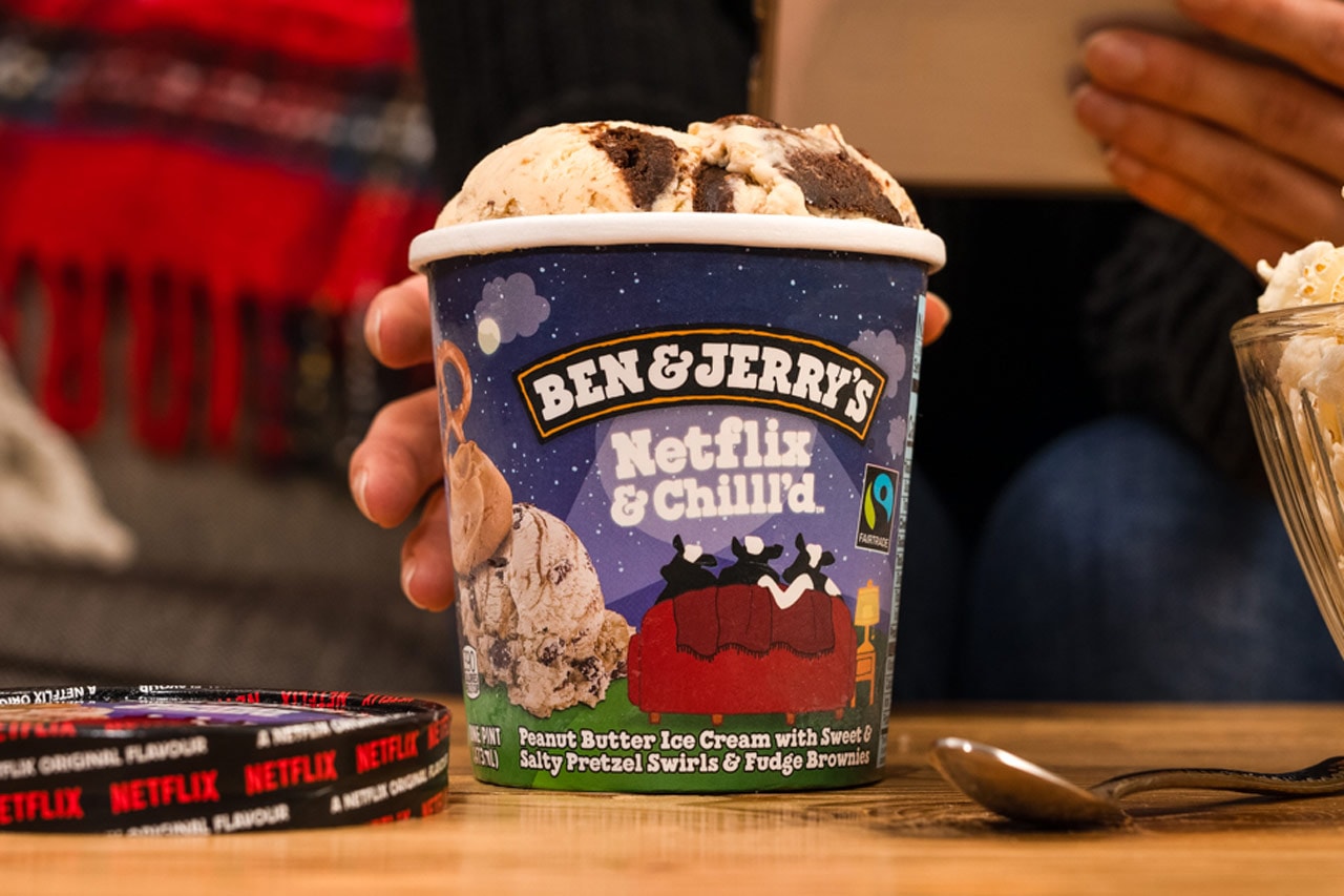 ben and jerrys netflix and chillld chill ice cream flavor release peanut butter sweet salty pretzel swirls topped with succulent fudge brownies global release date february