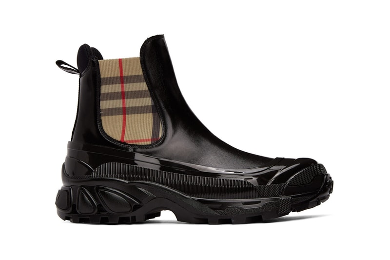 burberry black coated canvas chelsea boots rubber ankle high embossed logo signature check pattern in beige 