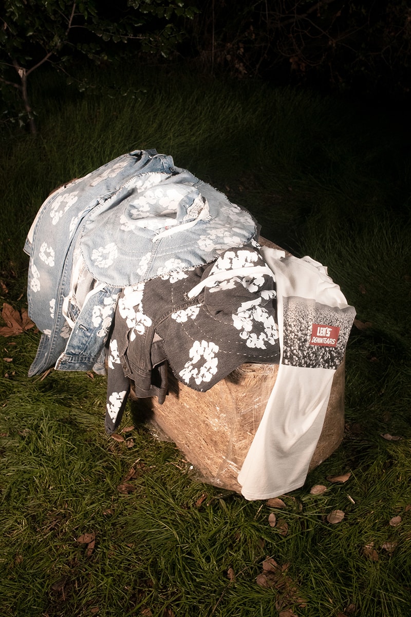 denim tears tremaine emory release information levi's trucker 501 jean jacket plantation hat cotton wreath kara walker slavery video buy cop purchase watch stream