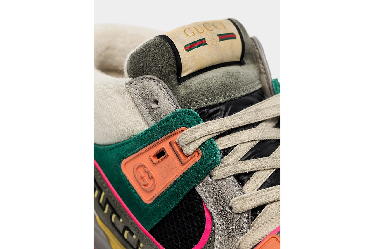 Gucci Ultrapace Mid-Top Sneaker "Turquoise/Grey" Suede release information Alessandro Michele Cruise 2020 Footwear New Shape Runway Browns Vintage Effect 
