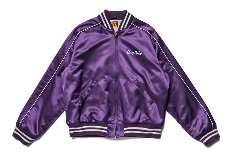 HUMAN MADE Purple Satin Varsity Jacket spring summer 2020 raglan construction gears for futuristic teenagers nigo pharrell dry alls collegiate ice cream parfait heart embroidery Japanese