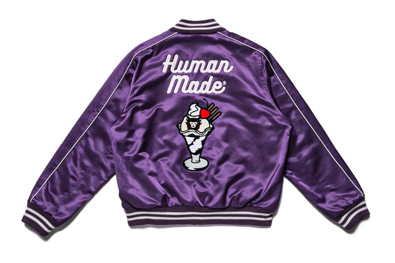 HUMAN MADE Purple Satin Varsity Jacket spring summer 2020 raglan construction gears for futuristic teenagers nigo pharrell dry alls collegiate ice cream parfait heart embroidery Japanese