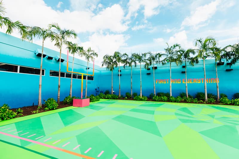 Jessy Nite UNKNWN Wynwood Football Field Mural Nike Green Field Goals Orange Yellow Pink "First and Everything" Blue Miami Super Bowl LIV